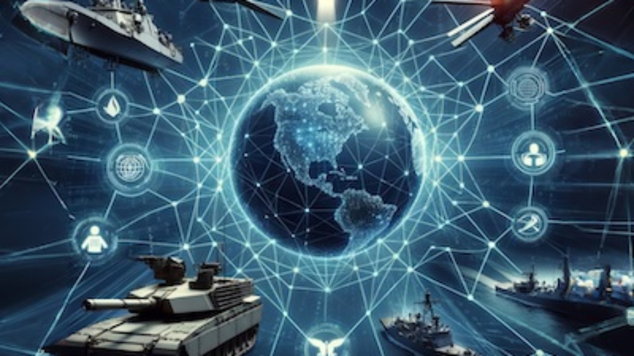 military concept of connecting all domain: army, marine, space, cyber show global map digitized connections